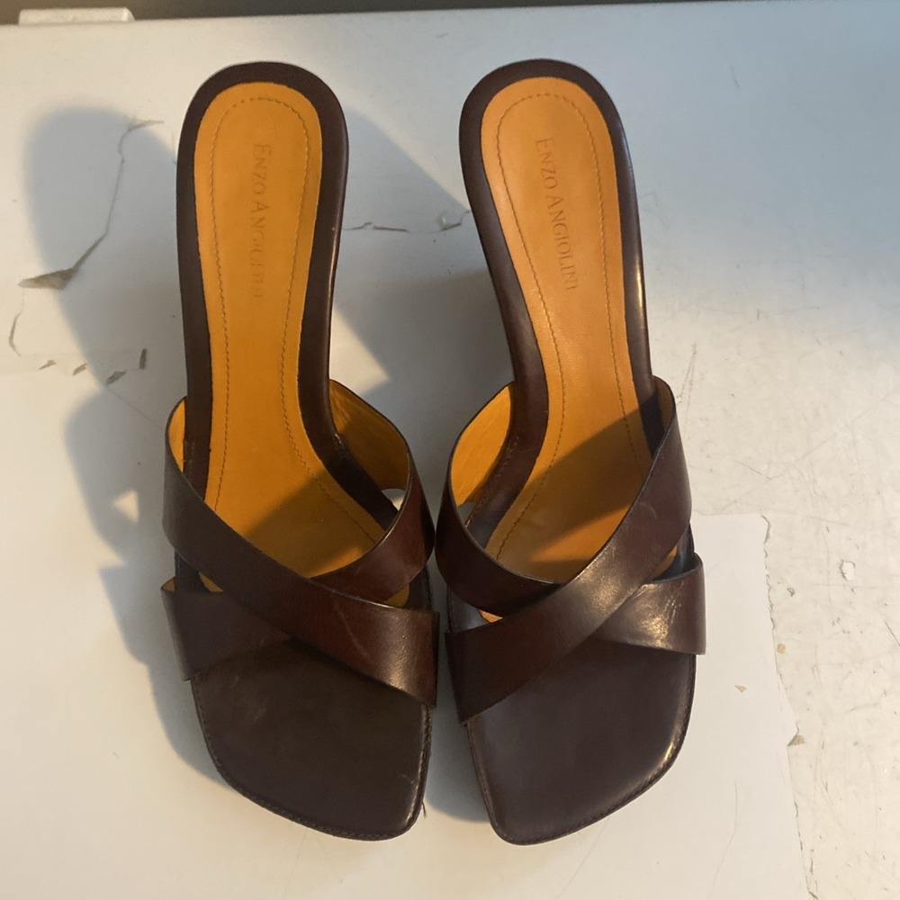Y2K Vintage Enzo Angiolini  Brown Leather  Wedge Heels Sandals - Sz 8.5M